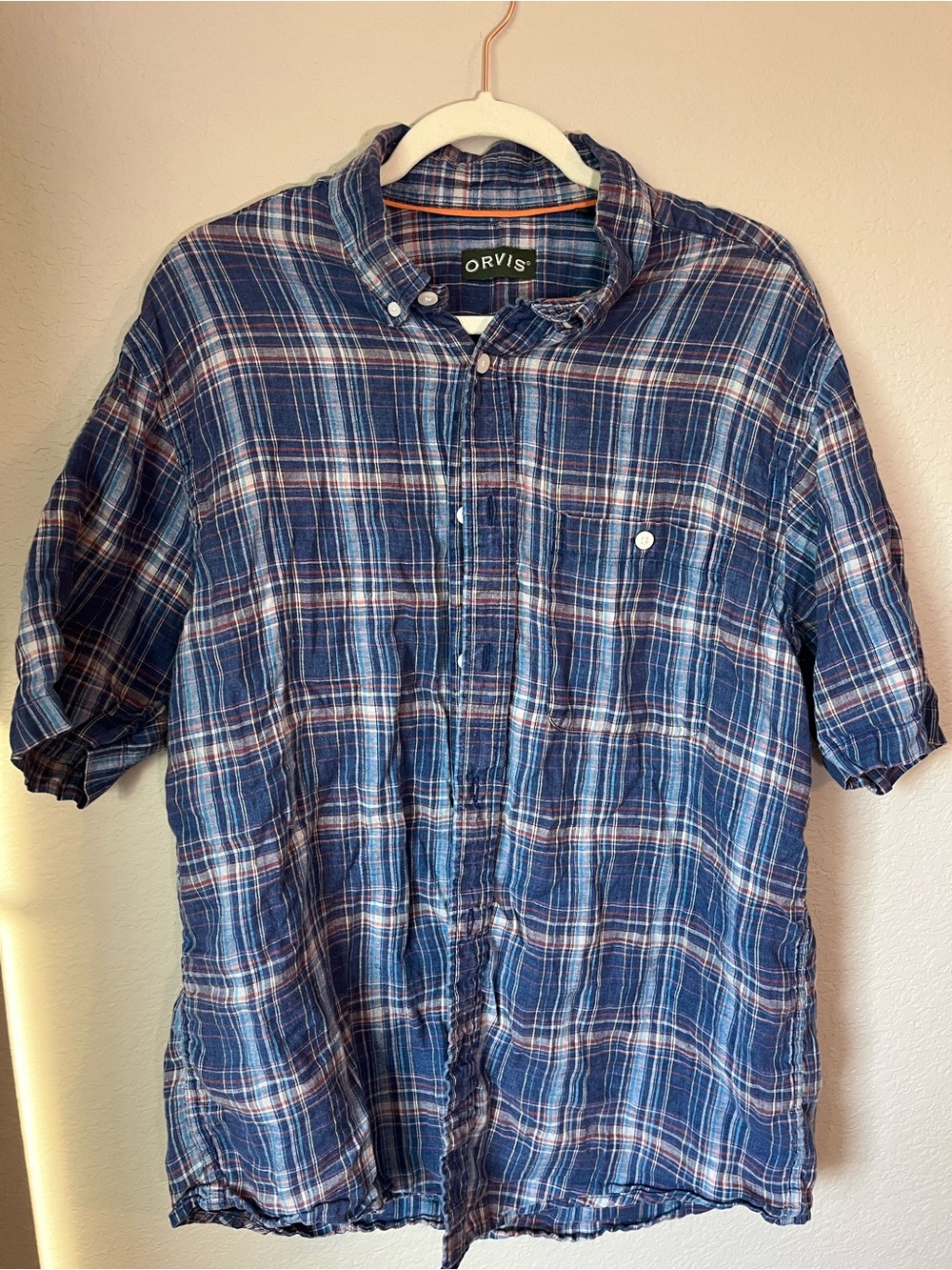 Orvis Men's Pure Linen Plaid Short Sleeve Button Down Shirt Sz L